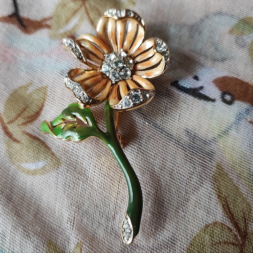 Nolan Miller Signed Enamel Clear Rhinestone Flower Gold Tone Brooch Pin Vintage
